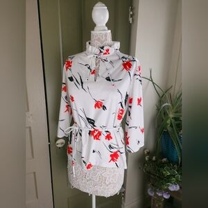 Sportiva Vintage 70s Polyester Tie Waist Blouse Red Black White Floral S/M